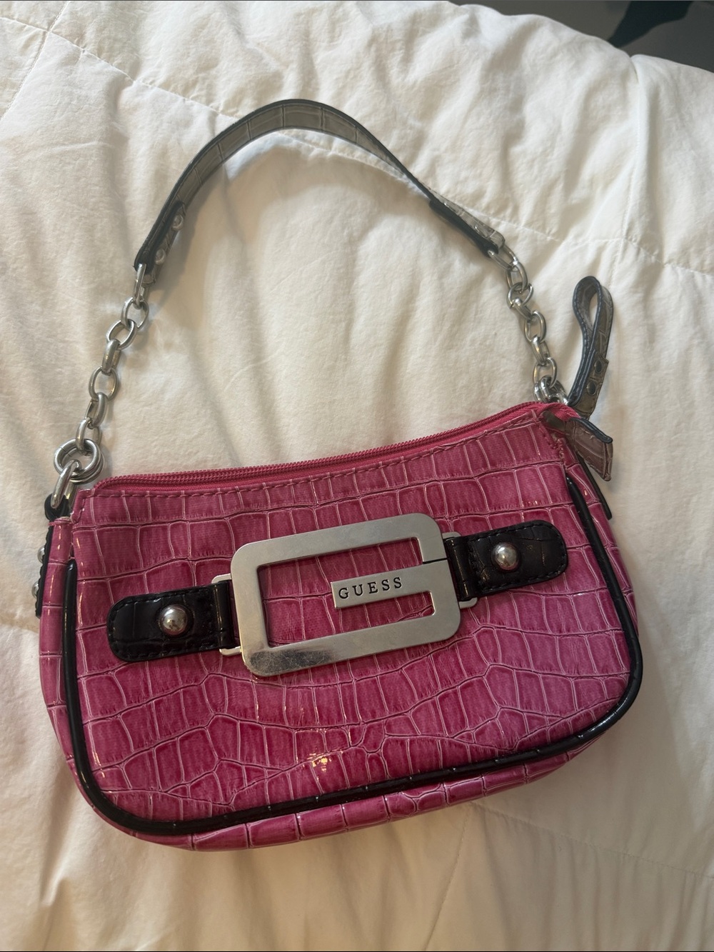 GUESS Pink Croc-Embossed Shoulder Bag with Silver Buckle